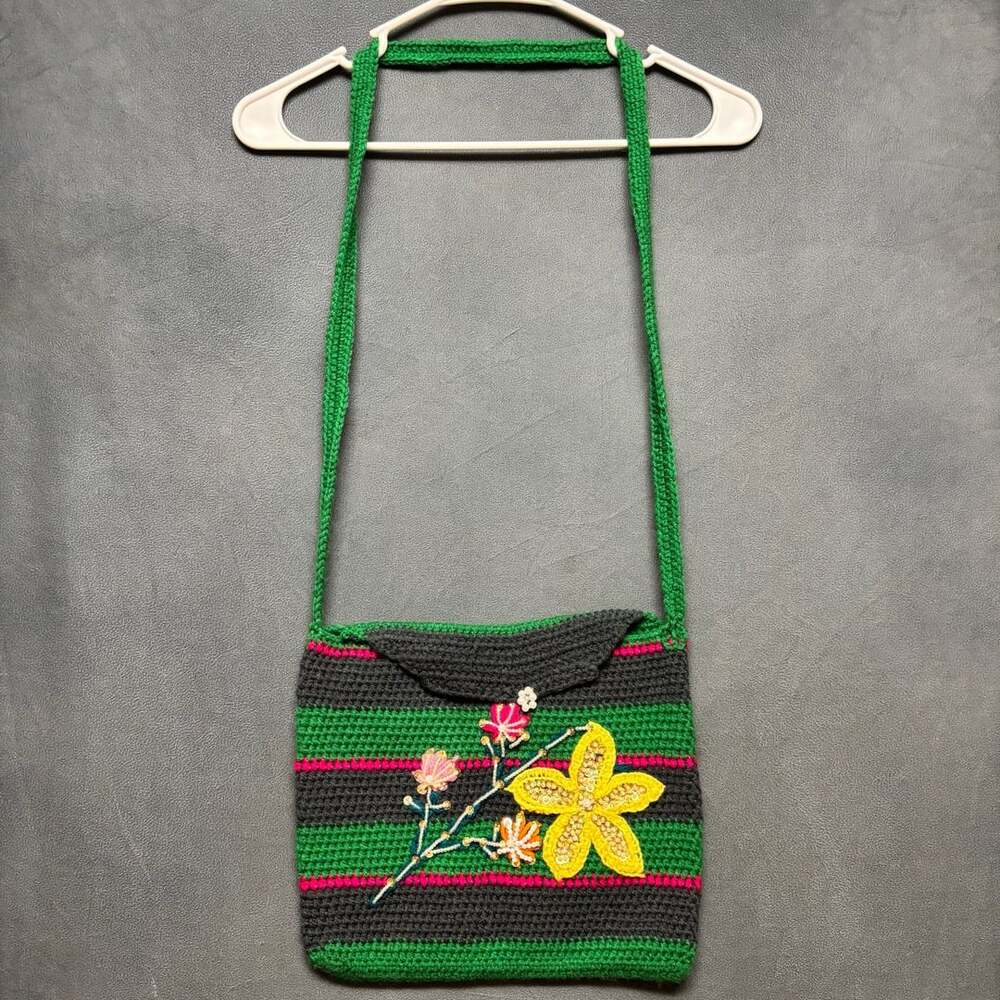 Handmade Crochet Crossbody Bag Striped Floral Beaded